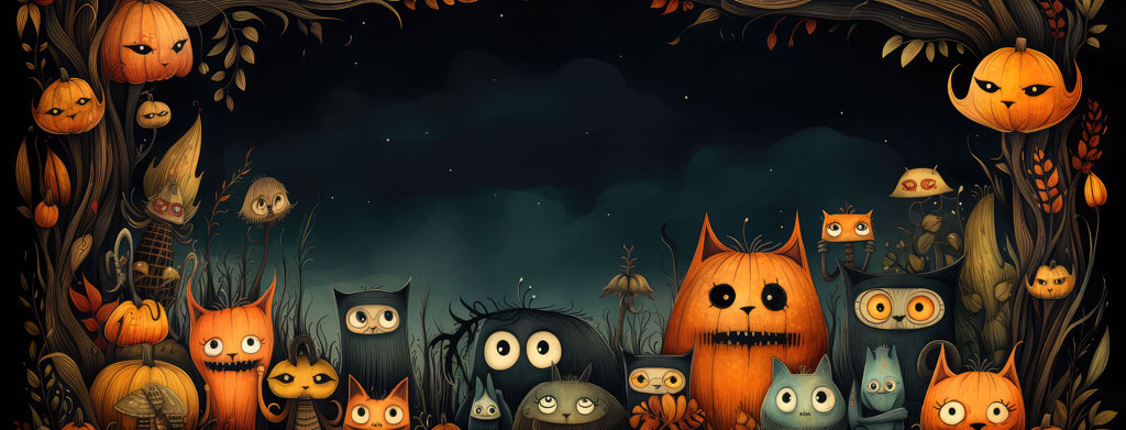 Cartoon cats and pumpkins in a spooky Halloween forest