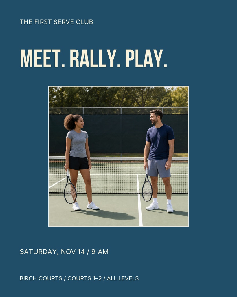 Portrait social post with two tennis players standing on a court and bold event text.