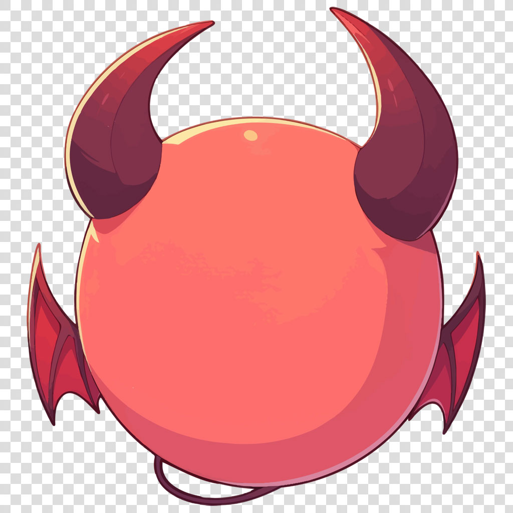 A cartoon devil with pink body, dark red horns, and wings.