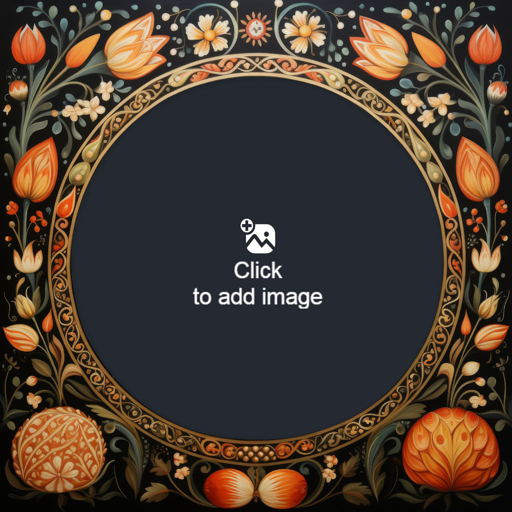 Ornate floral frame with orange and white flowers around a dark center