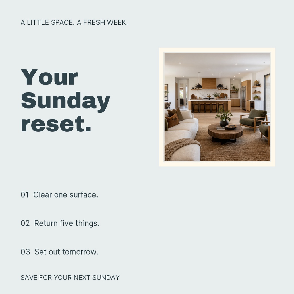 Minimalist square post with Sunday reset text and a framed living room photo