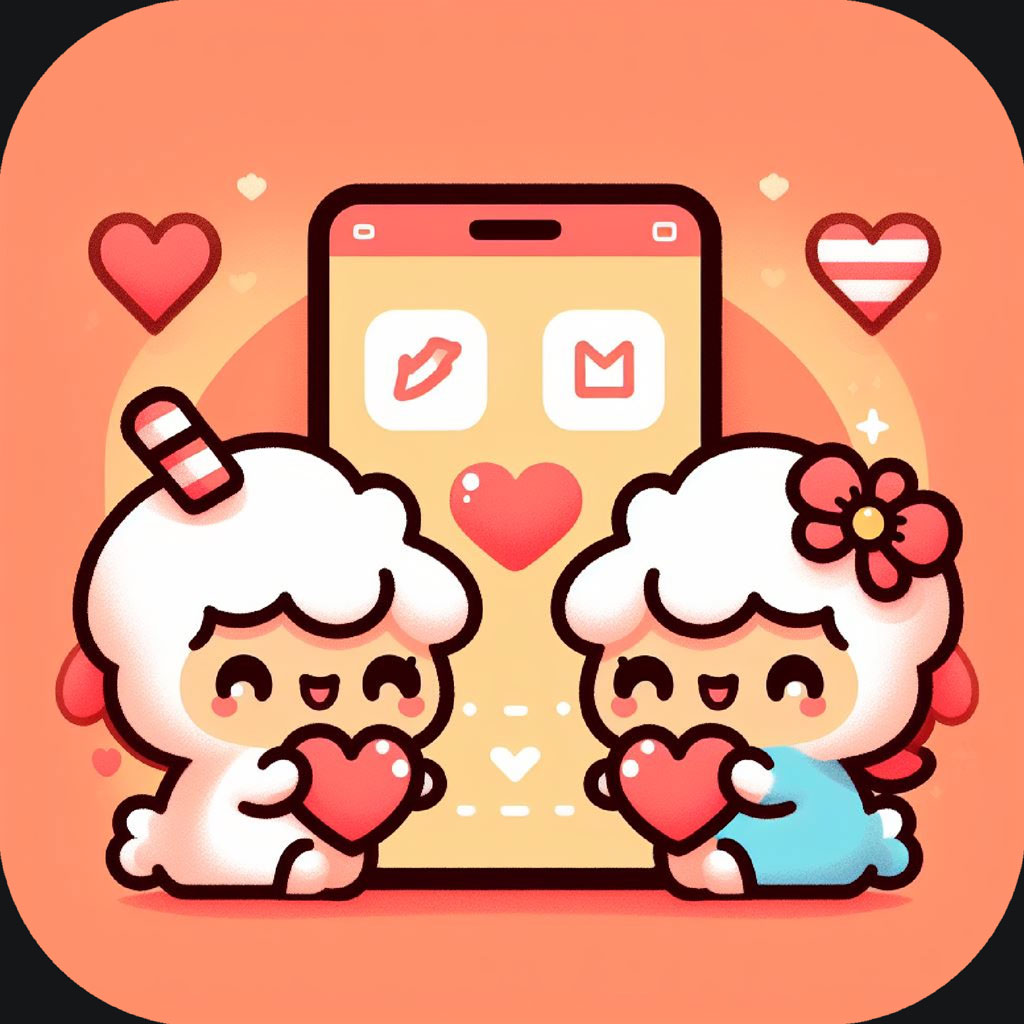 Cartoon sheep couple with a phone showing messaging icons