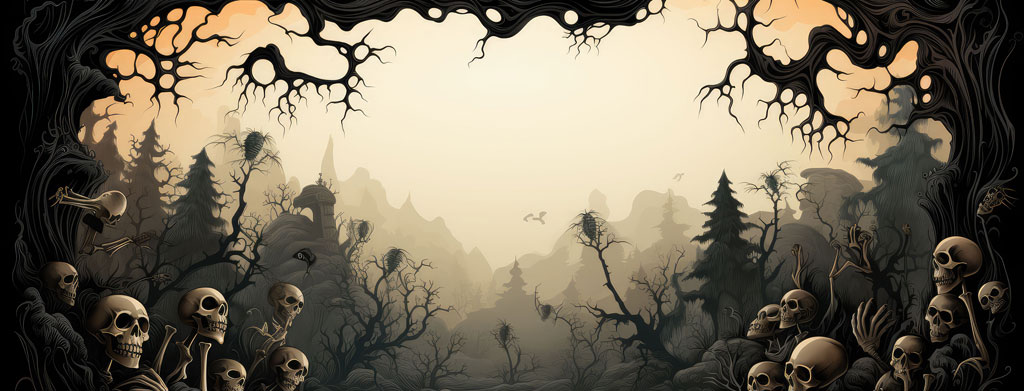 Dark forest landscape with skulls and twisted trees