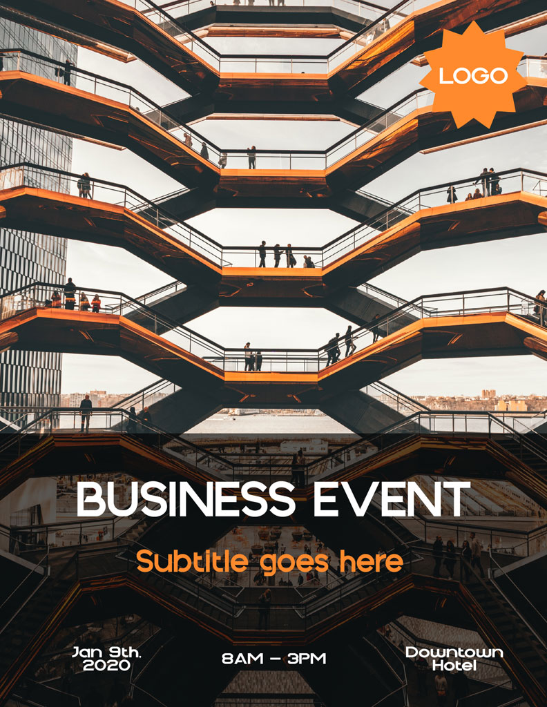 Business event flyer featuring a modern staircase structure