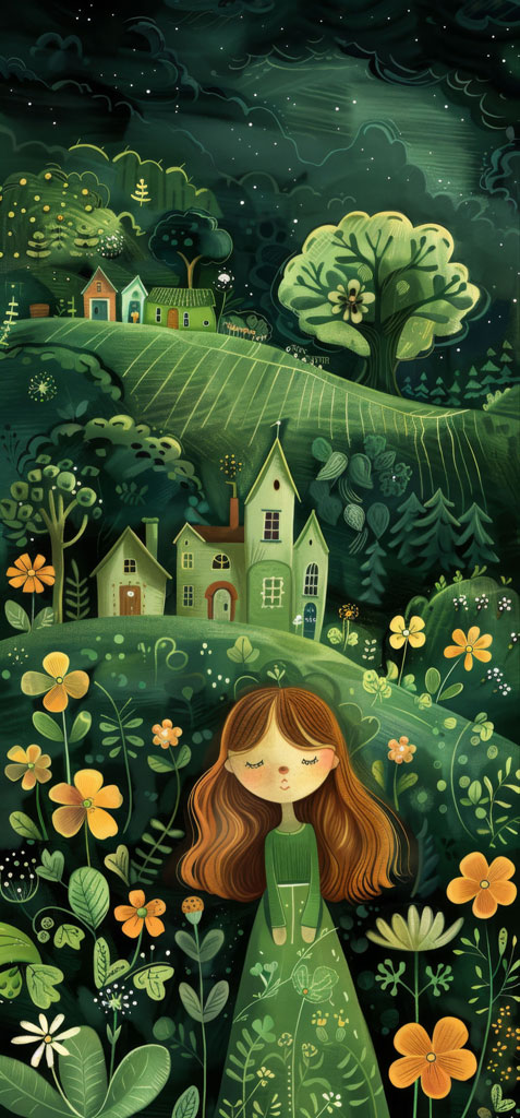 Illustration of a girl with long brown hair wearing a green dress, surrounded by flowers in a peaceful night setting.
