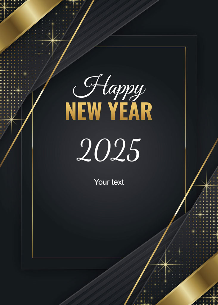 Happy New Year 2025 greeting card template with gold accents and black background