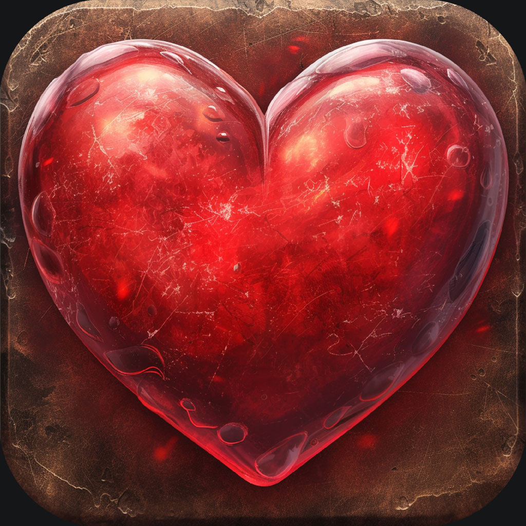 Red glass heart icon on a brown stone texture