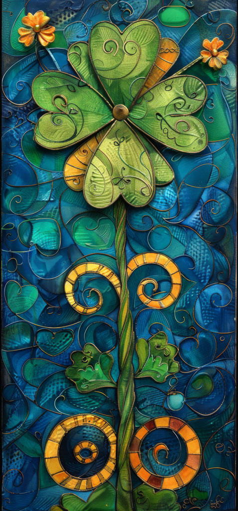 Stained glass artwork of a shamrock with blue and green swirling background