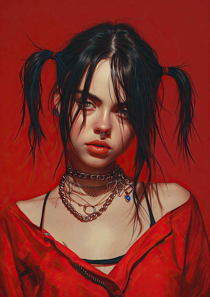 Portrait of a young woman with black hair styled in pigtails and layered necklaces