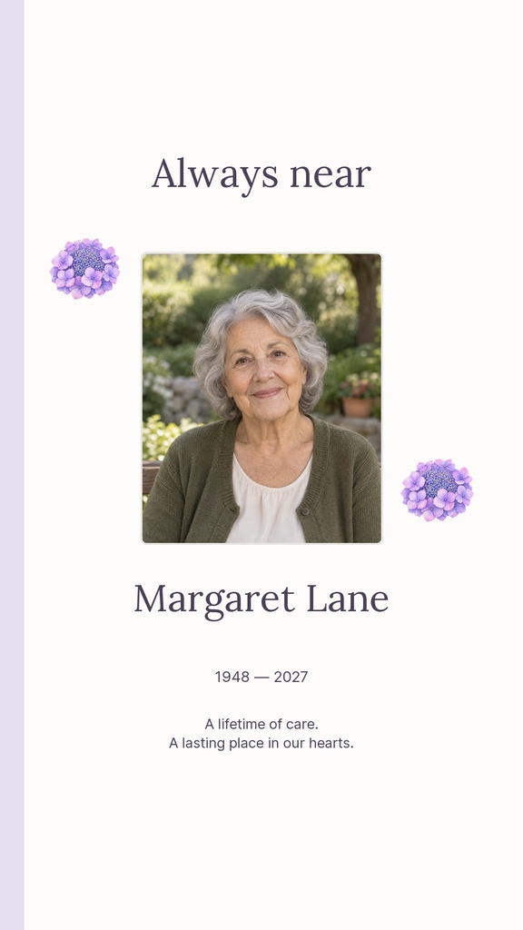 Lavender floral memorial story template with portrait, name, dates, and tribute text.
