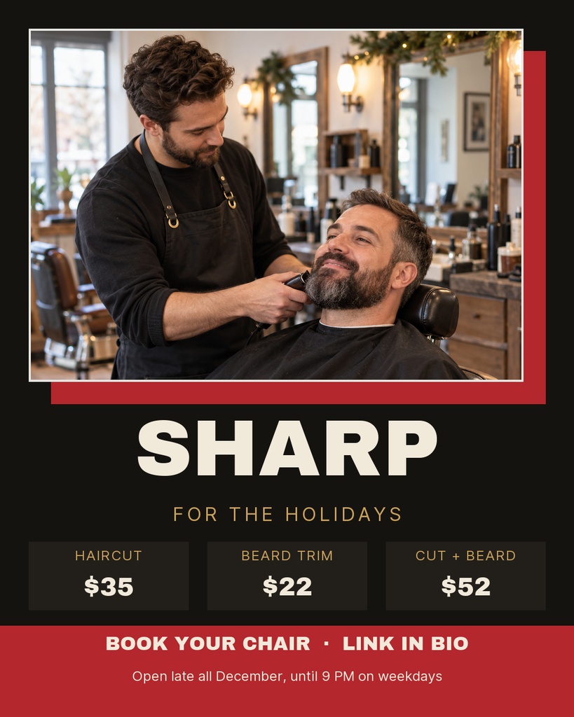 Barber trimming a client’s beard in a shop with holiday pricing and booking text below.