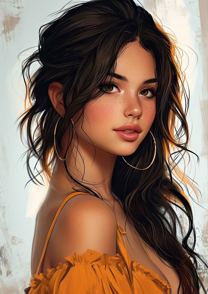 Digital art portrait of a young woman with long brown hair and an orange top