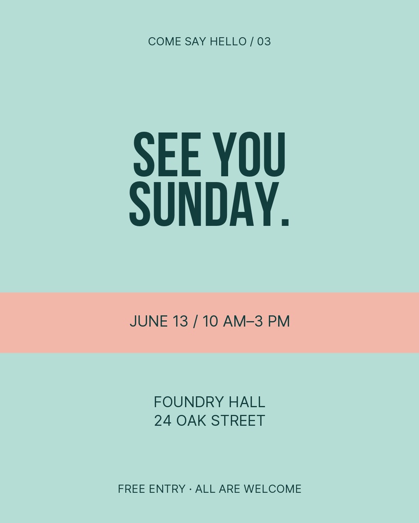 Portrait social media template with mint background, bold See You Sunday text, and event details for a makers market.
