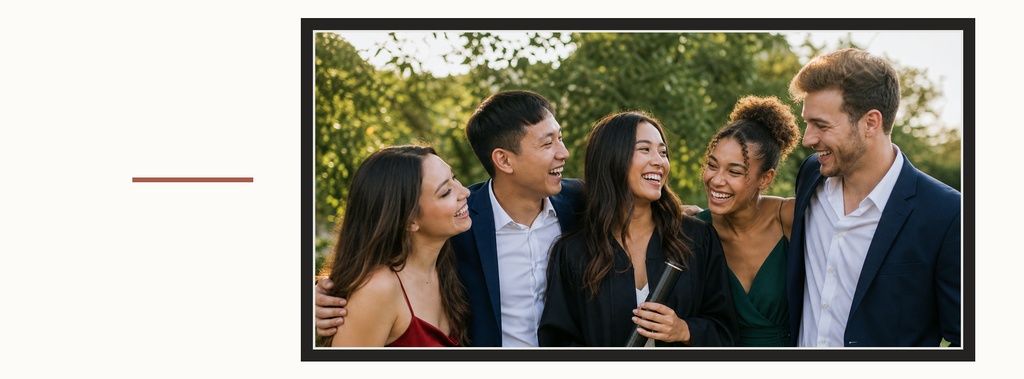 Four smiling young adults posing outdoors beside a simple framed photo layout