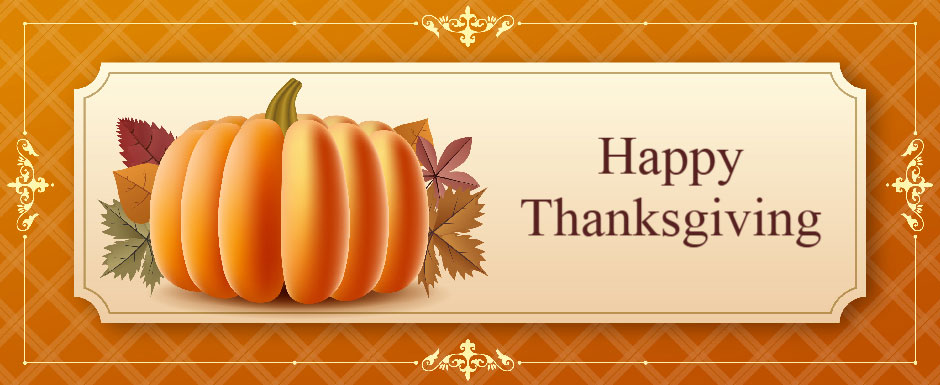 Thanksgiving greeting card with pumpkin and leaves