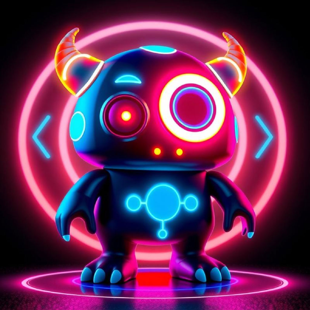 A neon-lit robot with glowing eyes and horns standing on a circular platform