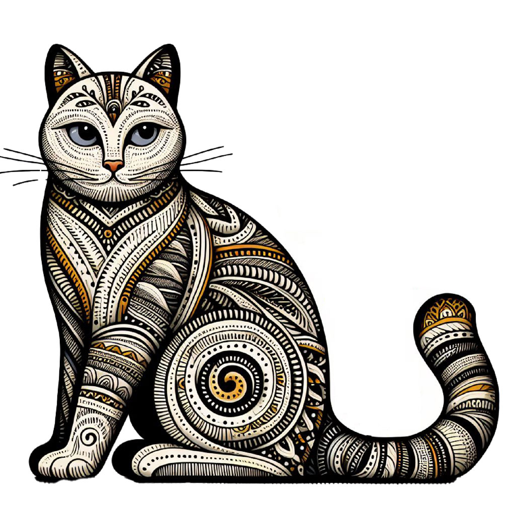 A stylized cat with vibrant orange, yellow, and green patterns