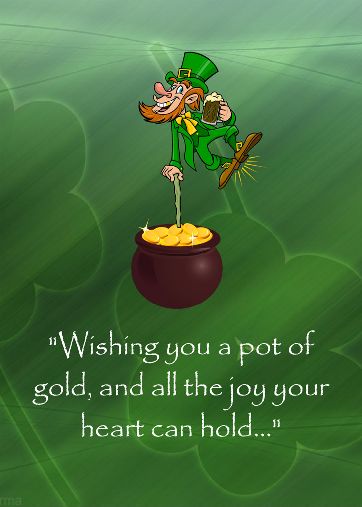 Cartoon leprechaun urinating into a pot of gold