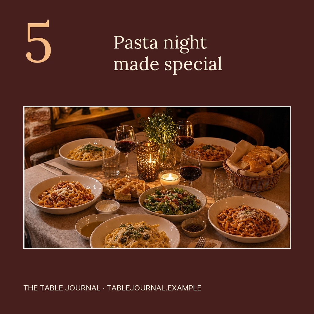 Square post with pasta dinner table photo, headline text, and a warm brown journal-style layout.