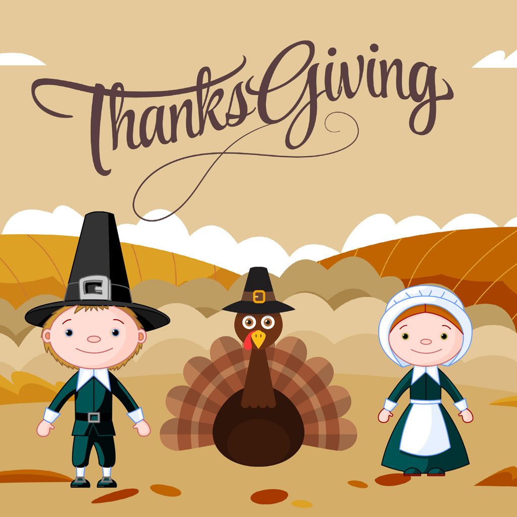 Cartoon pilgrim couple and turkey in a field