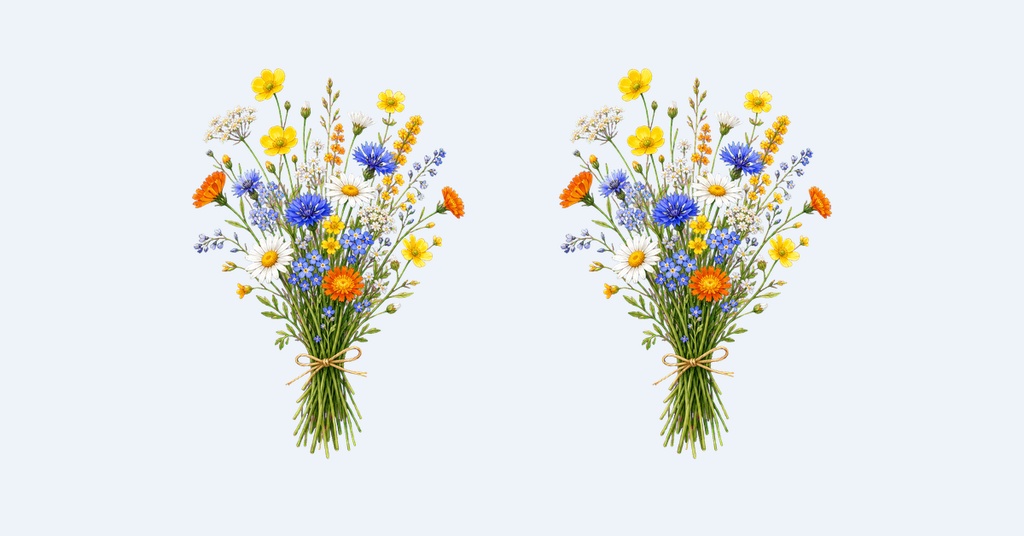 Two wildflower bouquets with yellow, blue, orange, and white flowers on a light background.