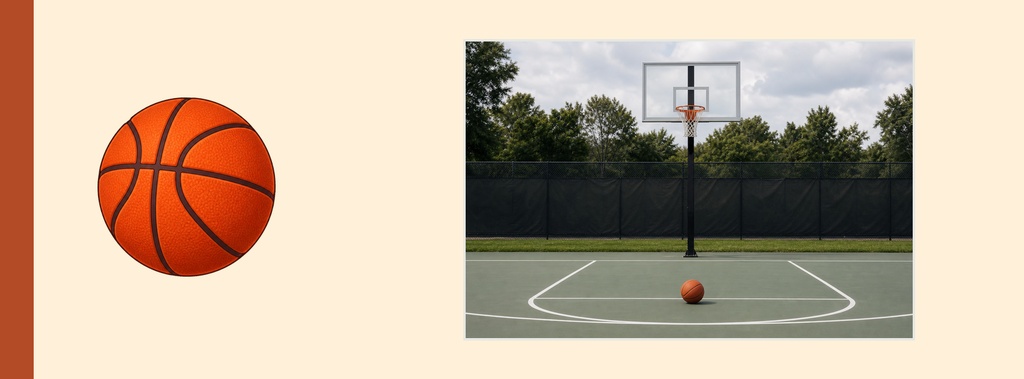 Basketball on an outdoor court with a hoop and a small ball near the key.