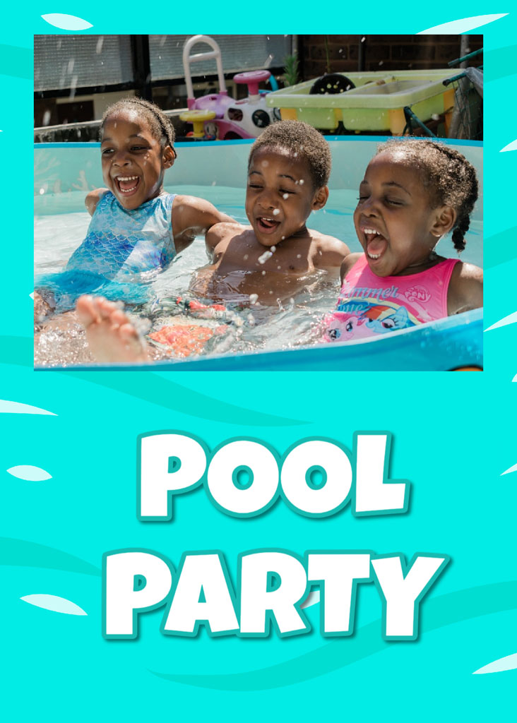 Three happy children playing in a pool