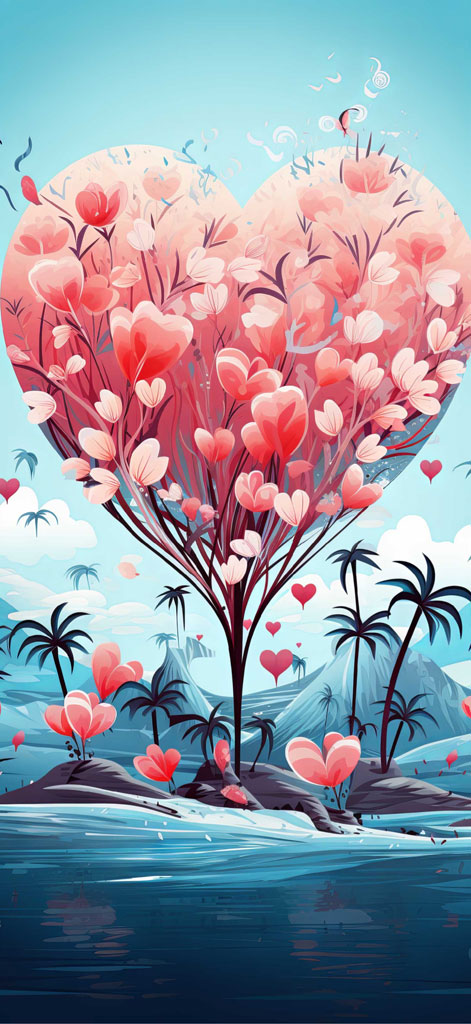 Heart-shaped tree with pink leaves on a tropical island