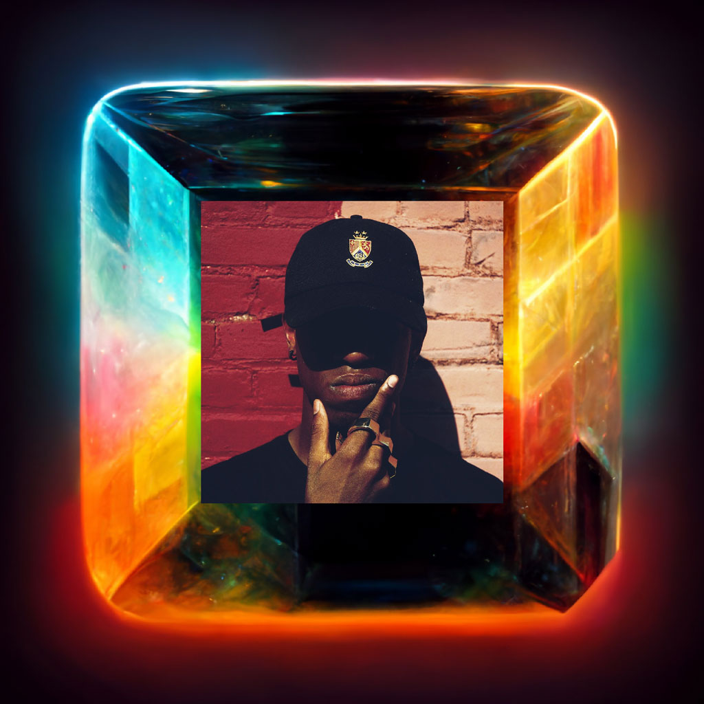 Man in black cap inside a glowing neon cube