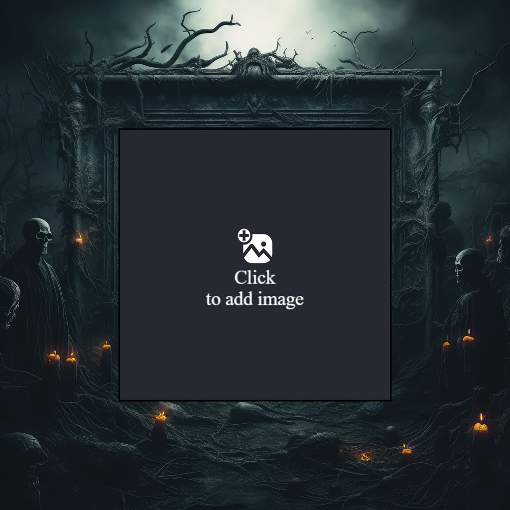 A dark, ornate frame with a black center, surrounded by ghostly figures and lit candles in a spooky atmosphere.