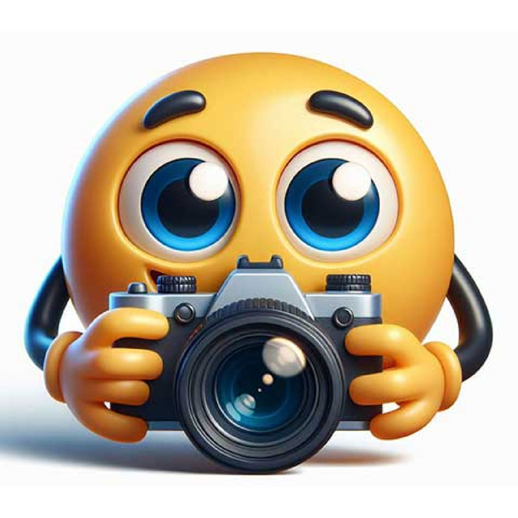 Yellow smiley face with blue eyes holding a camera