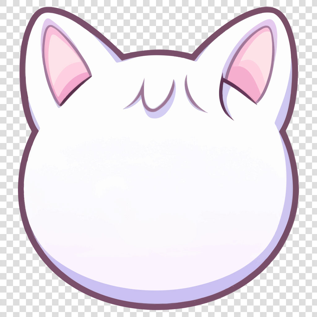 Illustration of a white cartoon cat face with closed eyes and pink inner ears
