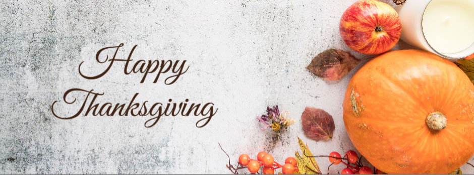 Thanksgiving greeting with pumpkins and fall foliage