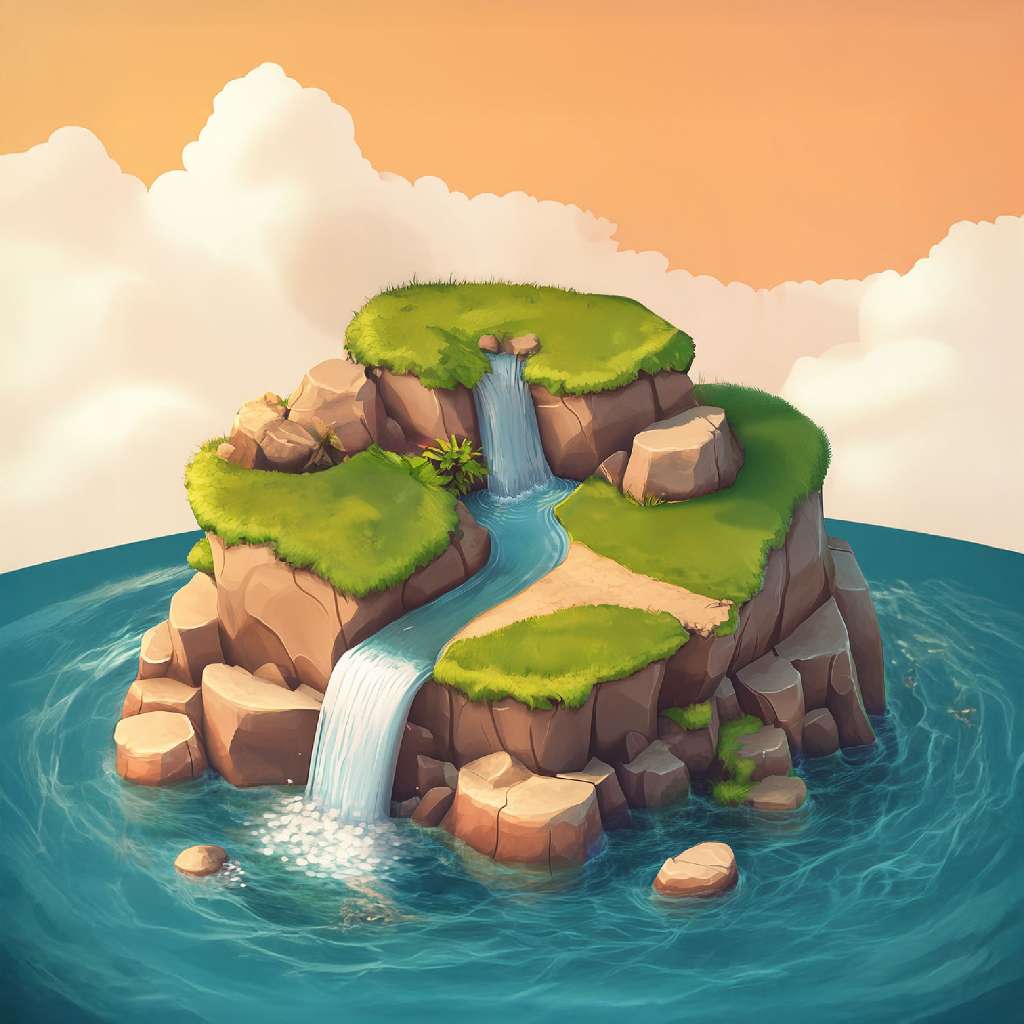 A cartoon island with a waterfall flowing into the ocean