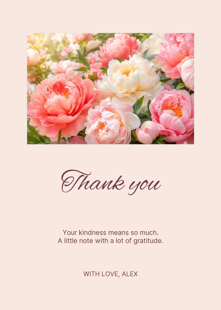 Portrait thank you card with pink flowers, thank you script, and a short gratitude message.