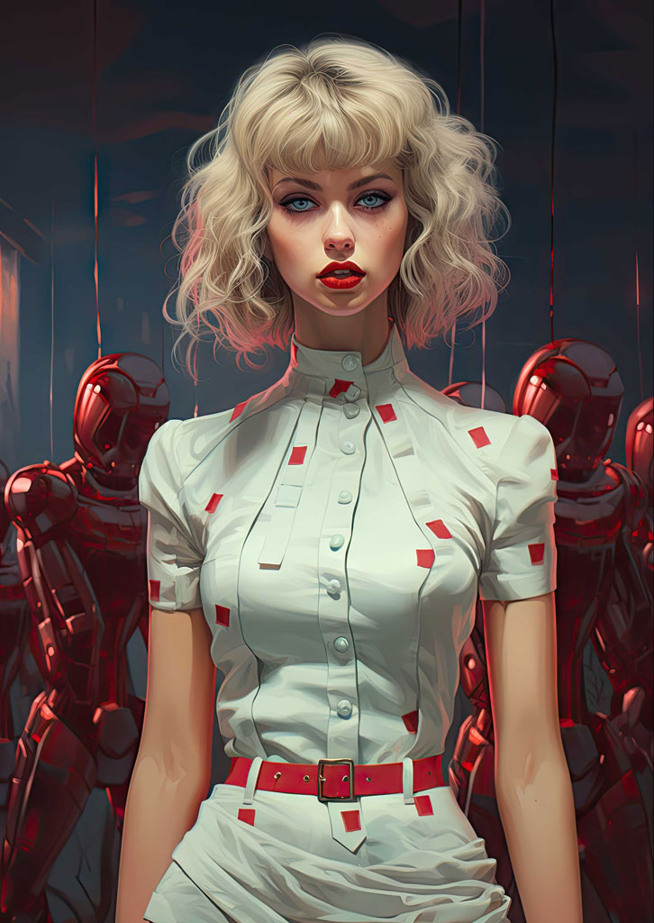 Blonde woman in white dress with red accents standing in front of red robots