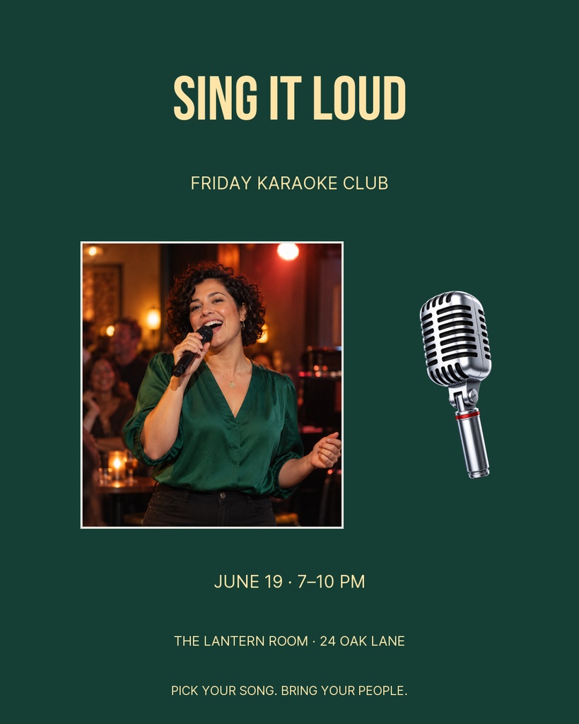 Portrait event poster with a singer photo, microphone graphic, and bold Sing It Loud headline