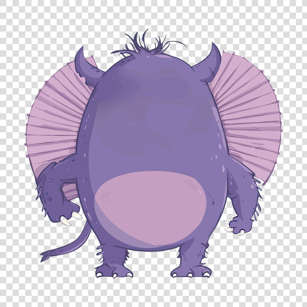 A cartoon illustration of a purple monster with large pink ears and horns