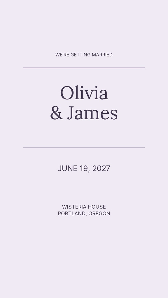 Lavender wedding story opener with Olivia and James, June 19, 2027, and Wisteria House Portland, Oregon.