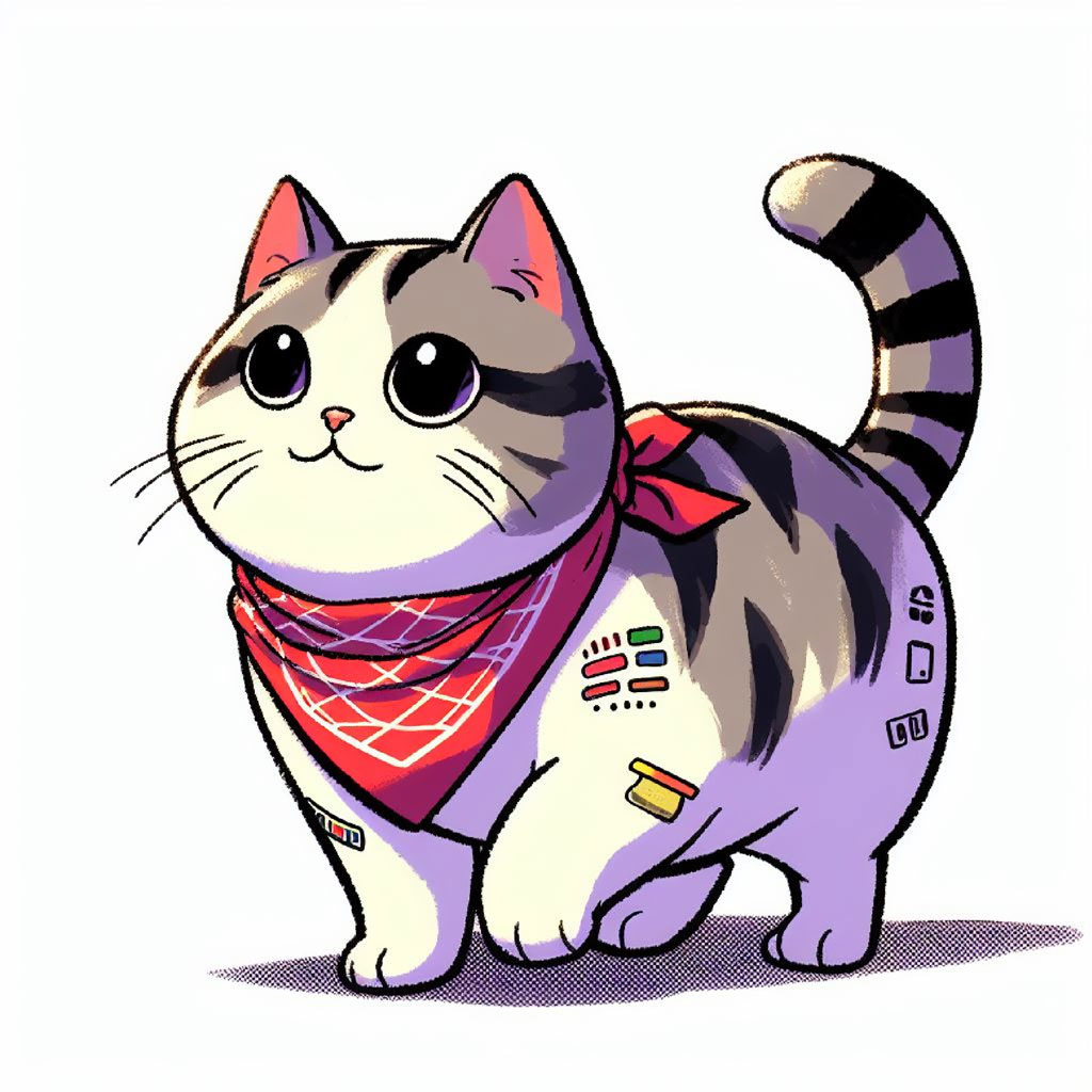 A cute cartoon cat with blue eyes and orange stripes sitting on a white background