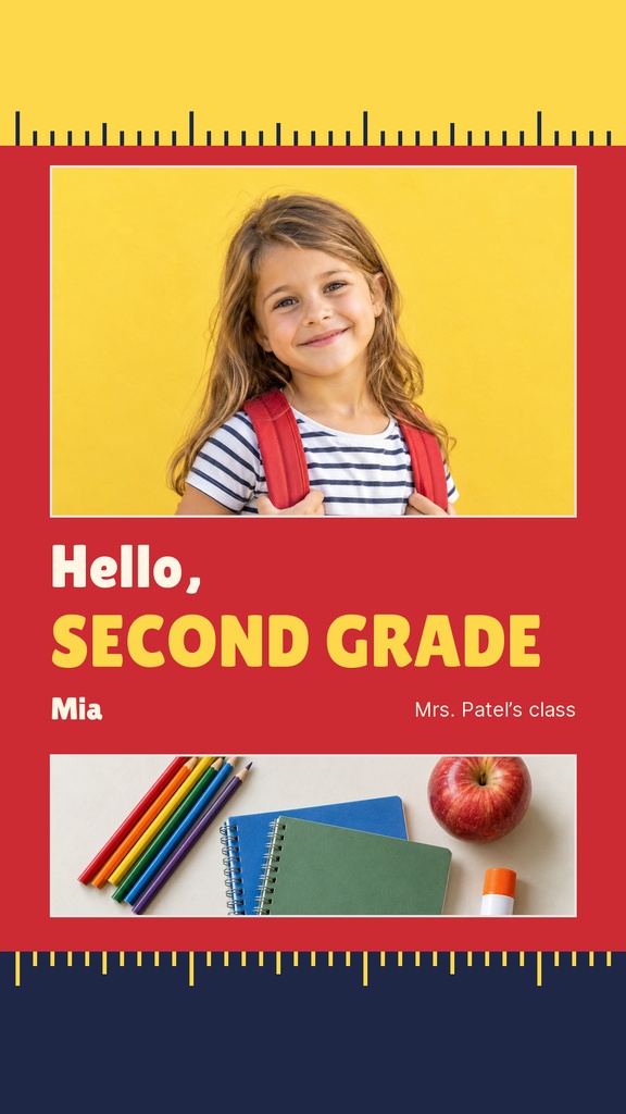 A red and navy back to school story template with a smiling child photo, pencils, notebook, and apple.