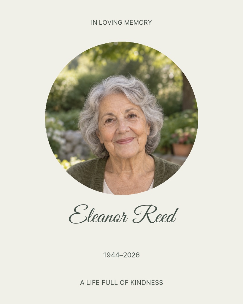 Portrait memorial template with an elderly woman’s photo, tribute text, and dates on a soft background.