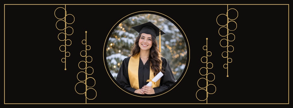 Graduation portrait in a circular frame with gold line decorations on a black landscape cover