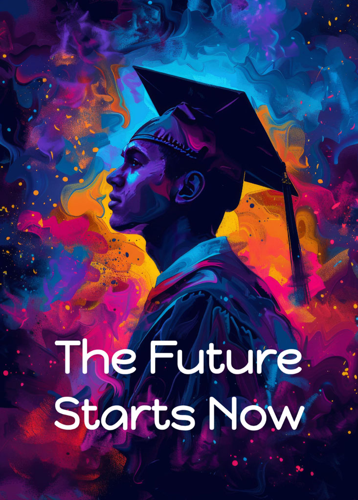 A young man in a graduation cap and gown looks to the future with a colorful background.