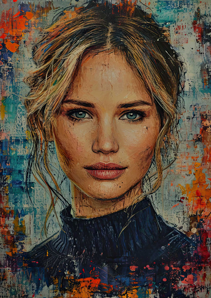 Abstract portrait of a blonde woman with blue eyes wearing a black turtleneck