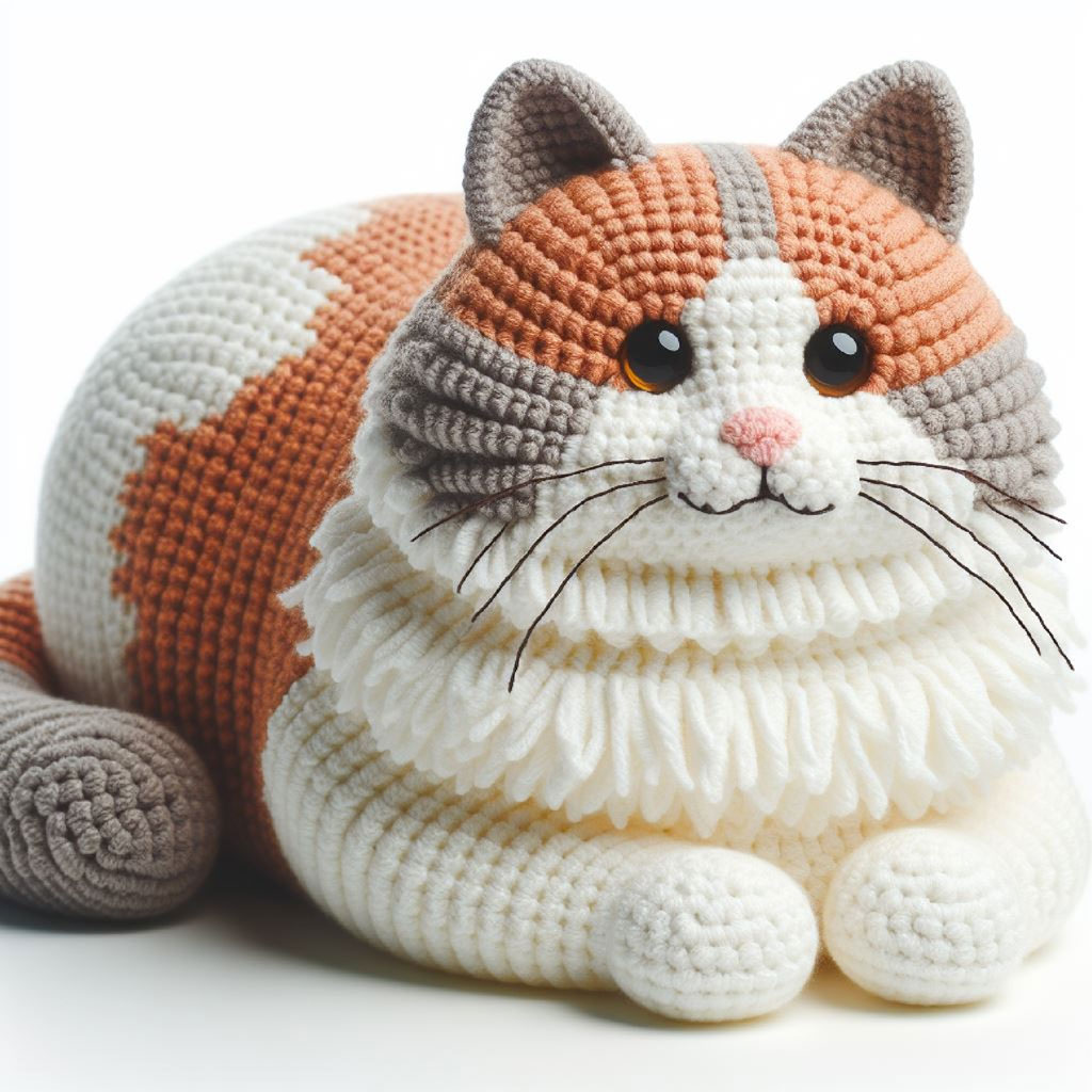 Crochet cat plush toy with orange and white stripes