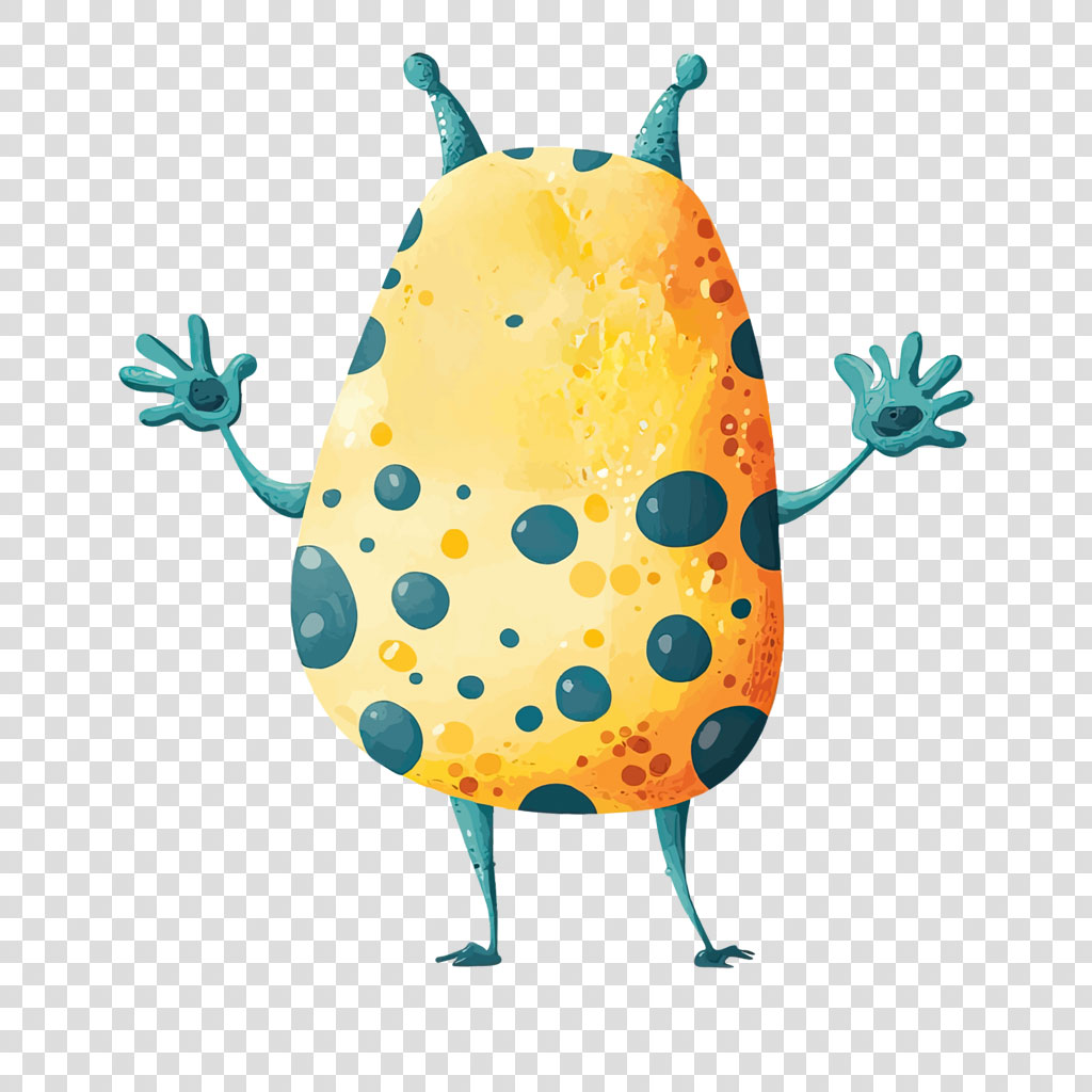 A cartoon character with a yellow oval body covered in blue spots, two antennae, and blue limbs.