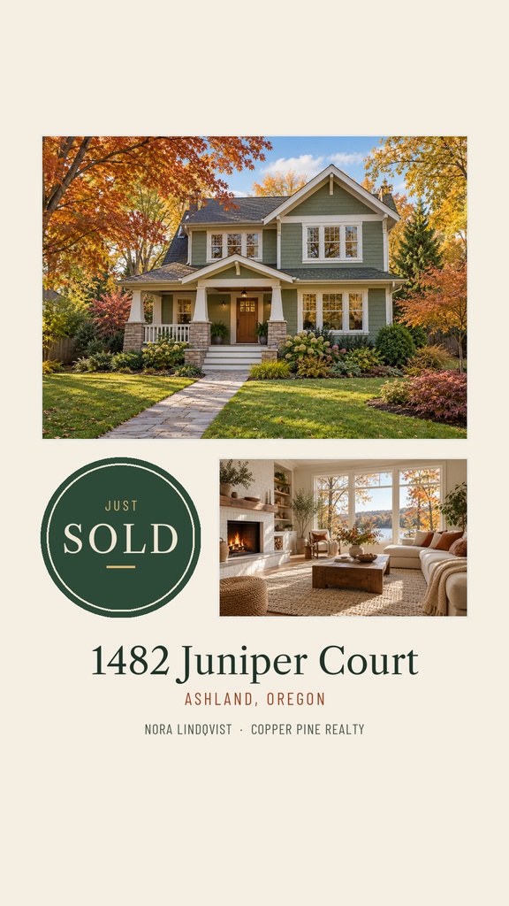 Portrait real estate story template with a house photo, sold badge, and interior living room image.