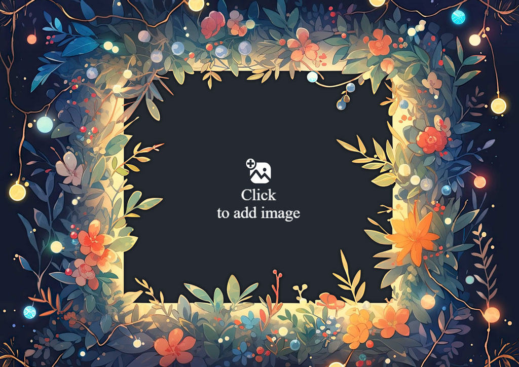 A family of four posing together in a colorful floral frame with a beach background.