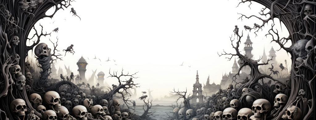 A surreal gothic landscape with skulls, twisted trees, and fog-covered architecture.